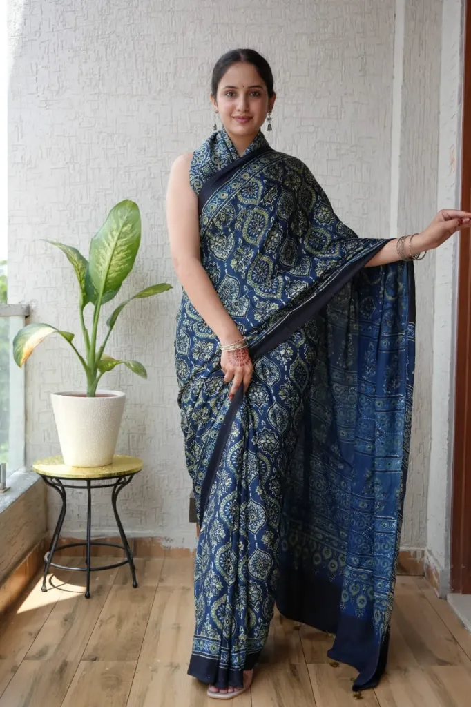 Hand block Ajrak Printed Modal Silk Saree