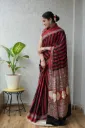 Hand block Ajrak Printed Model Silk Saree stripped red black saree