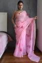 Hand brush painted  pink colour chiffon saree