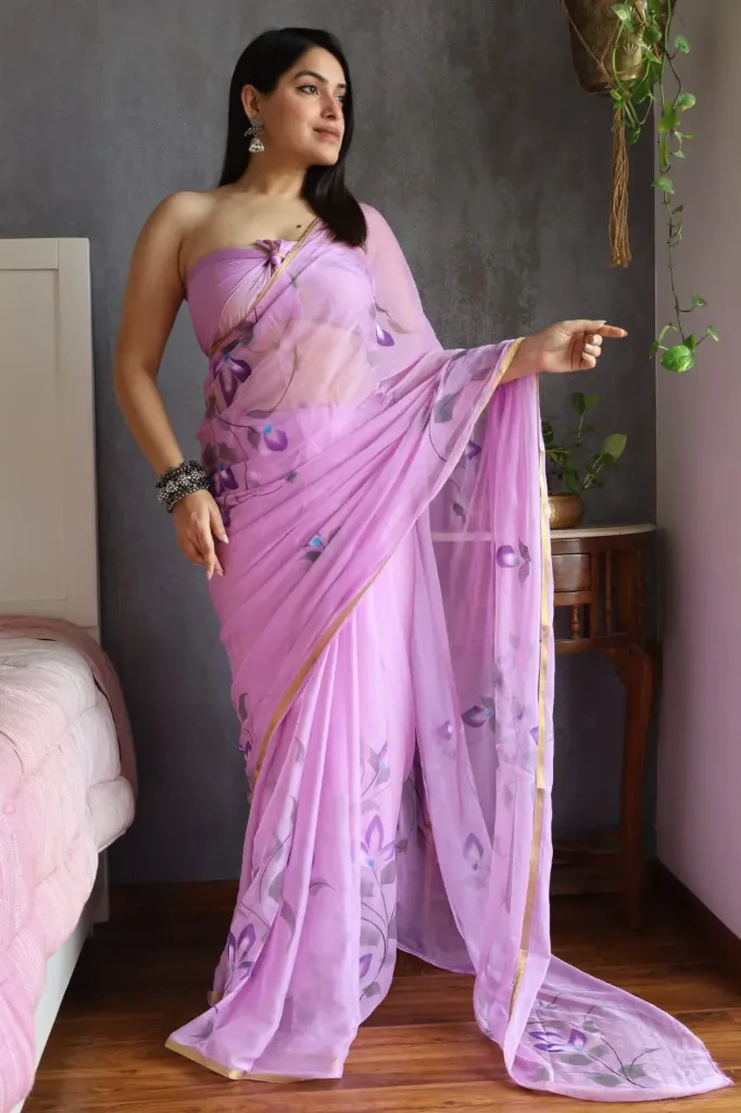 Hand brush painted pink color chiffon saree