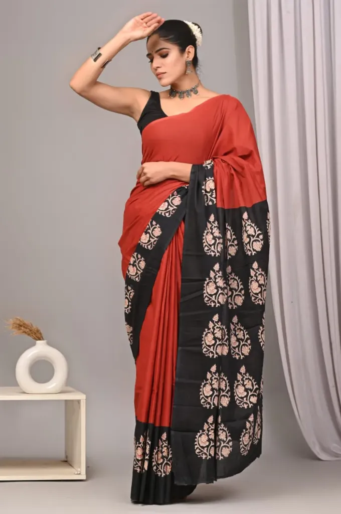 Hand block printed red Cotton mulmul saree