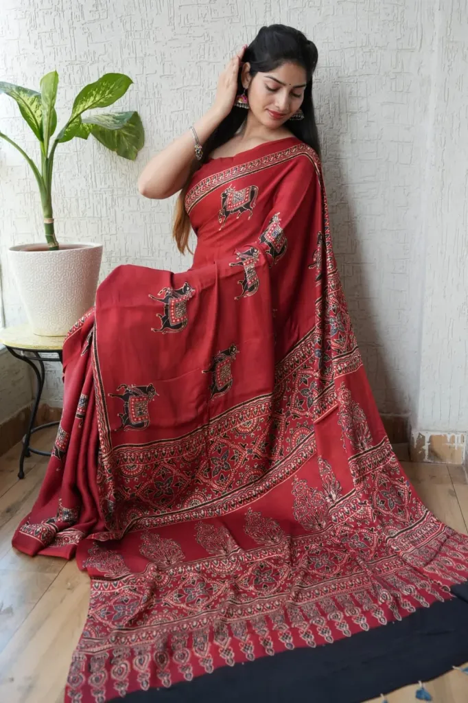 Hand Block Printed Red colour jaipur bagru print Chanderi Silk Saree