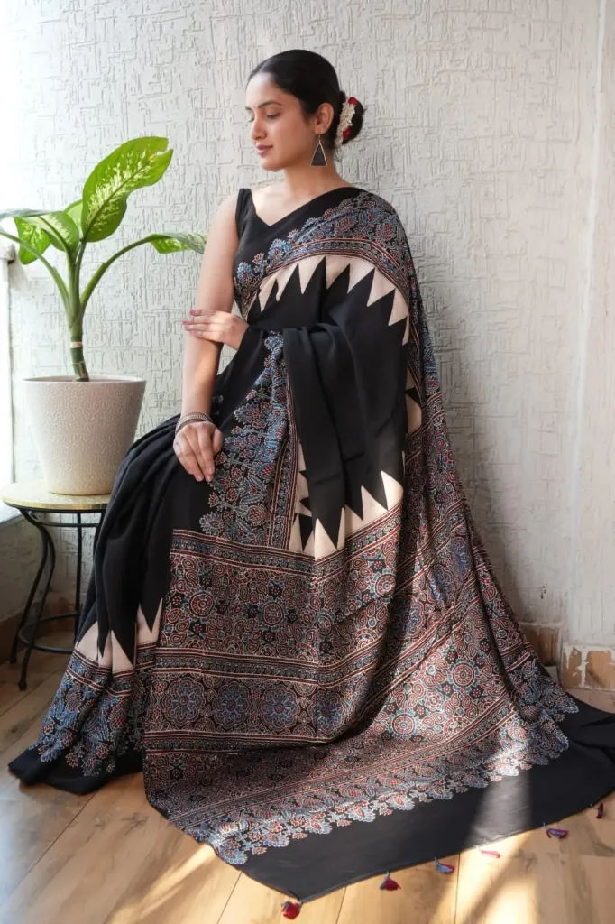 Hand Block Printed rich look black colour jaipur bagru print Chanderi Silk Saree