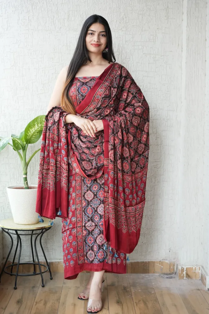 Hand block print modal silk  Red color dress material. (top & bottom )