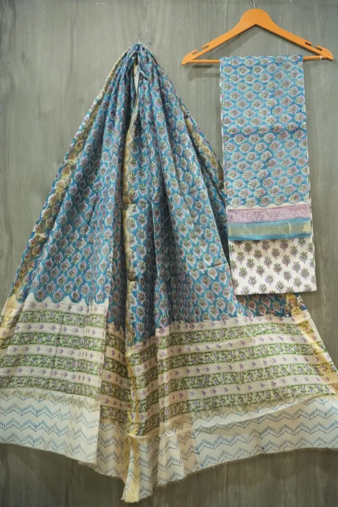 Hand block print maheshwari silk blue-ivory dress  material(suit)
