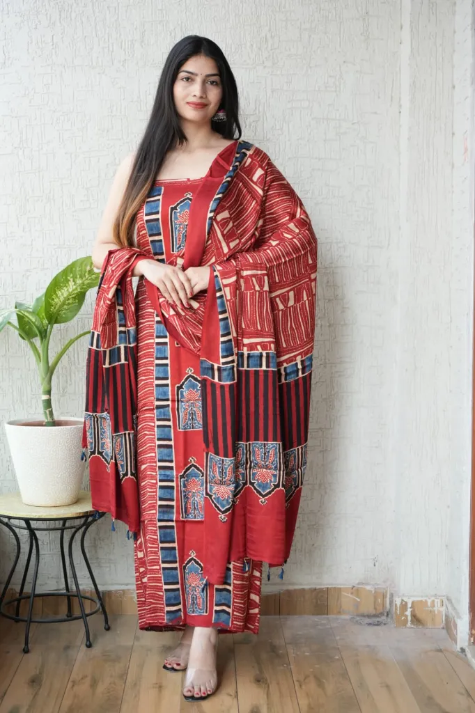 Hand block print modal silk dress  material ( top and bottom)