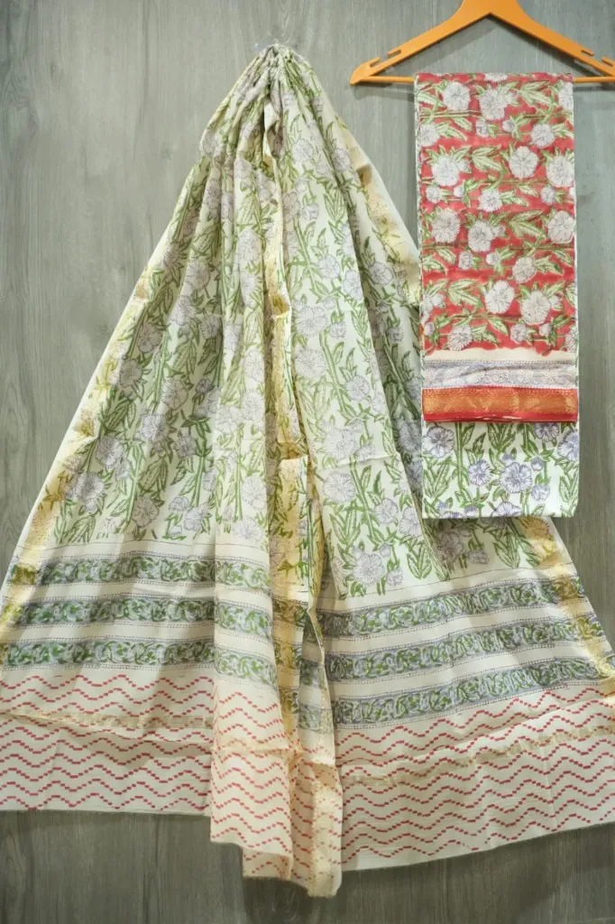 Hand block print maheshwari silk  Green-Ivory  dress  material(suit)