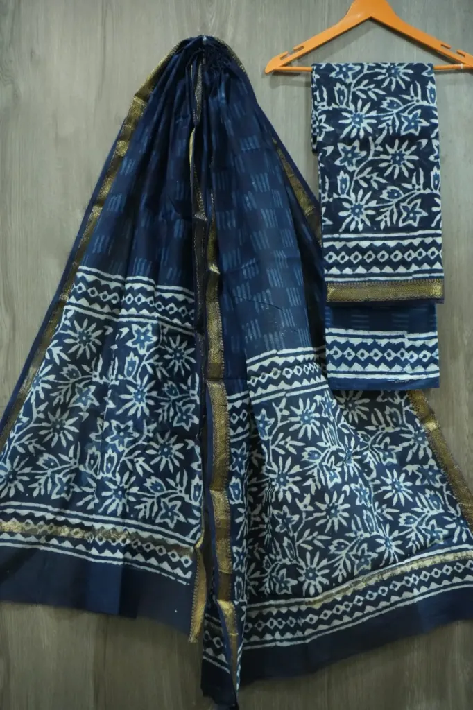 Hand kalamkari print maheshwari silk  royal blue color dress  material(suit)