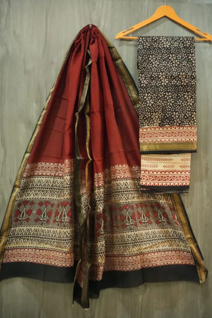 Hand block print maheshwari silk Red black color  dress  material(suit)