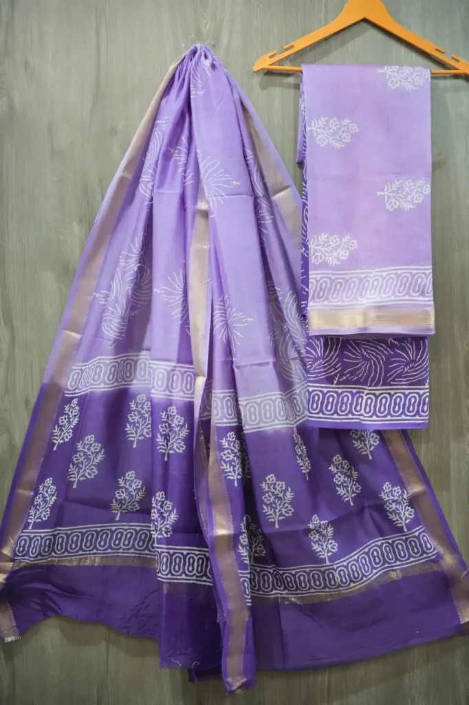 Hand block print maheshwari silk  light dark purple color  dress  material(suit)