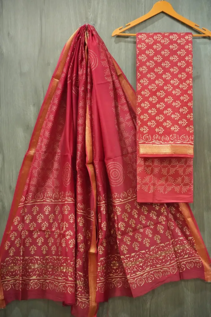 Hand block print maheshwari silk  red with Golden  color  dress  material(suit)