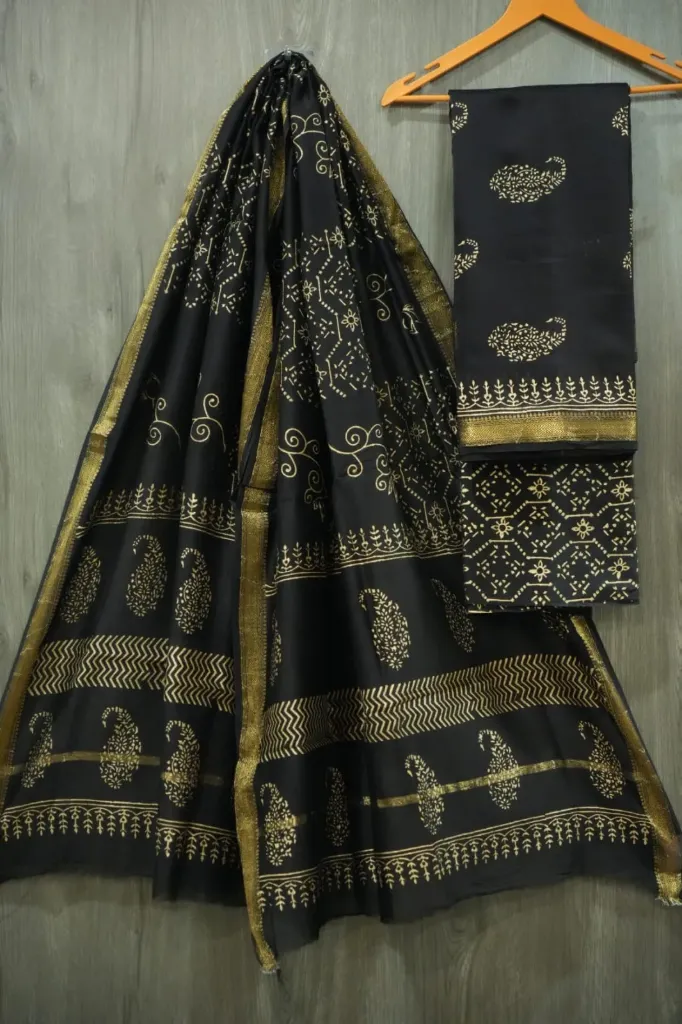 Hand block print maheshwari silk  black with Golden  color  dress  material(suit)