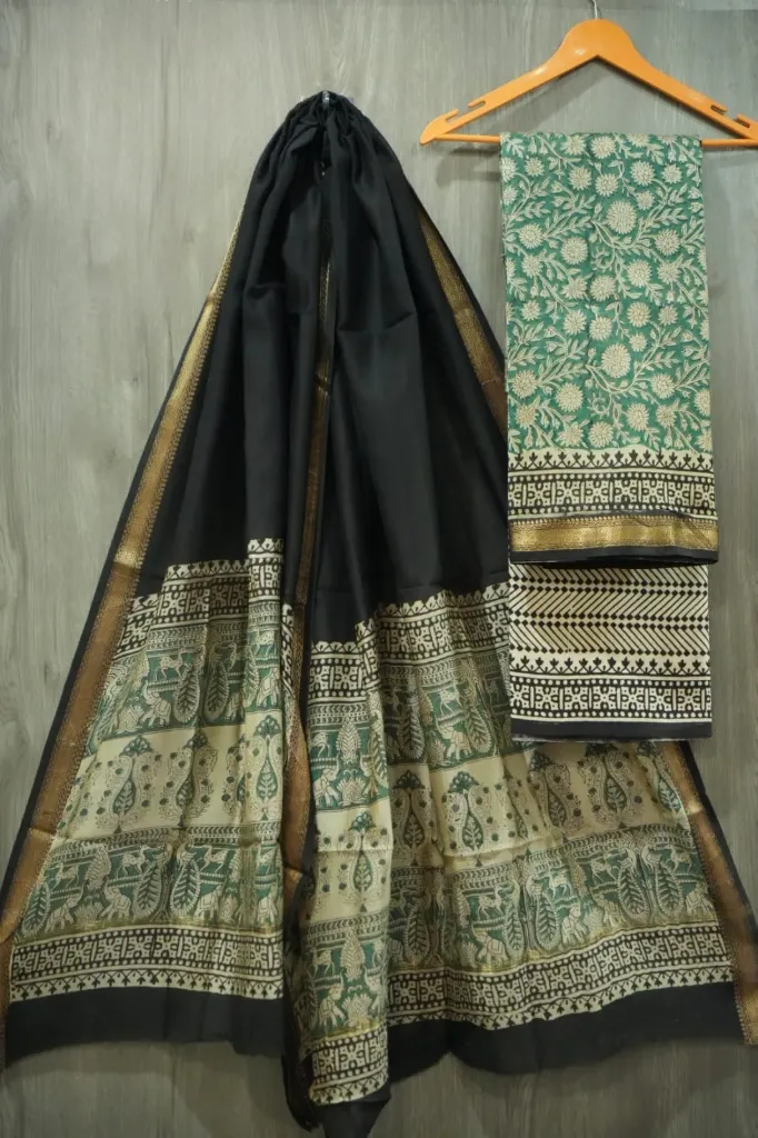 Hand block print maheshwari silk  black & Green  color  dress  material(suit)