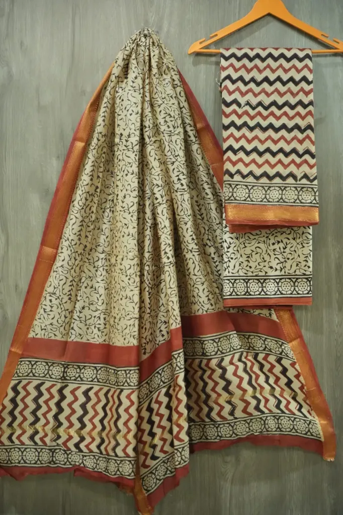 Hand block print maheshwari silk  off white & orange color  dress  material(suit)