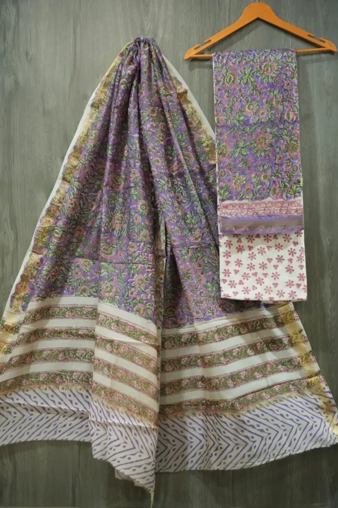 Hand block print maheshwari silk  off white & purple floral dress  material(suit)