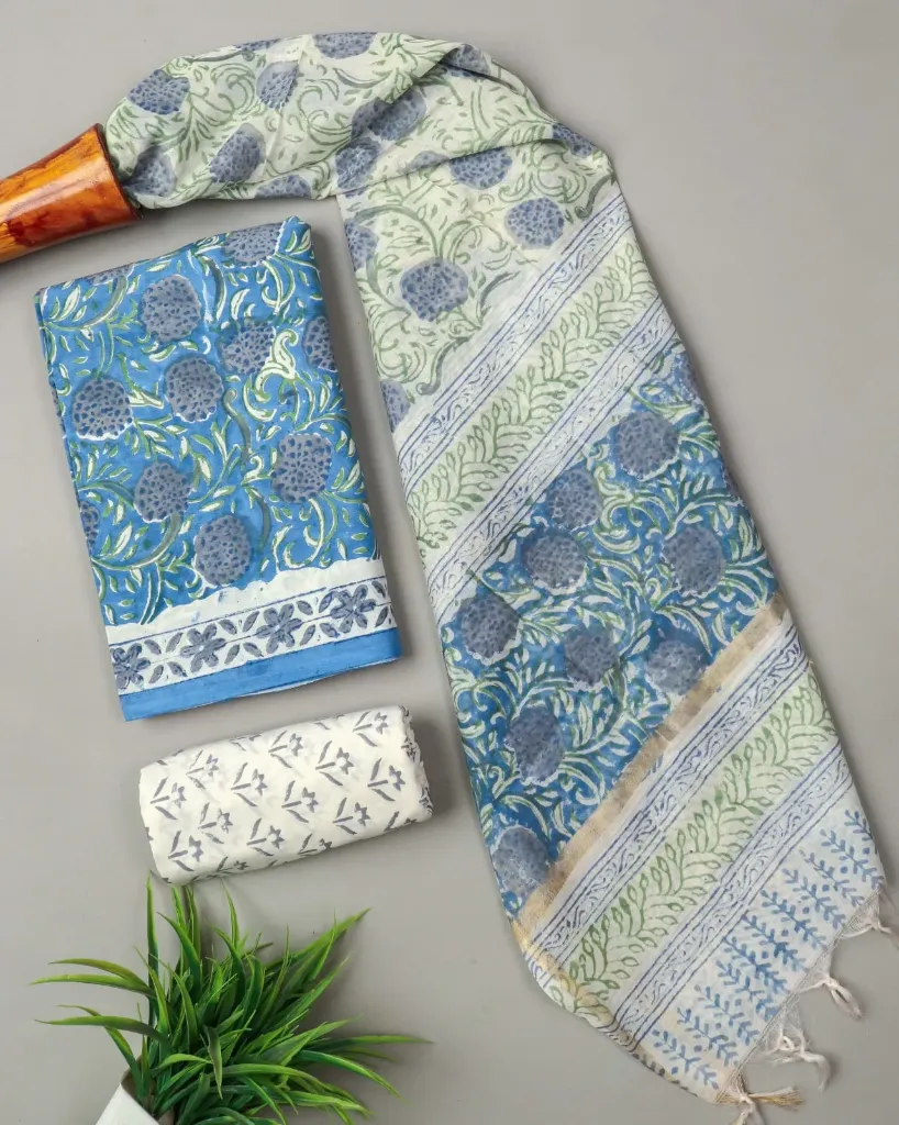 Hand block printed Cotton suit with kota doriya duptta white and turquoise.