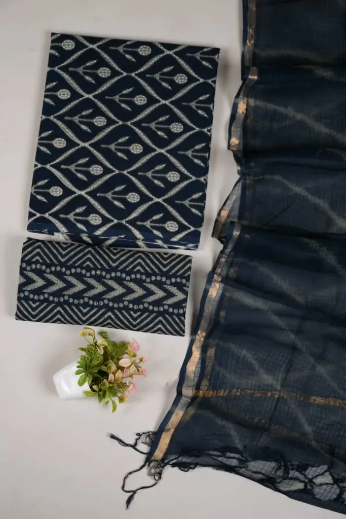 Hand block printed Cotton suit with kota doriya duptta royal blue in colour.
