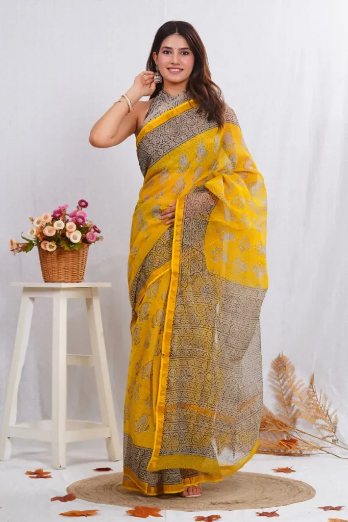 Hand block printed Kota doriya  blacksaree