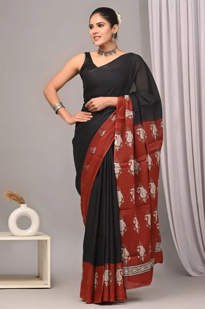 Hand block printed black red cotton mulmul saree