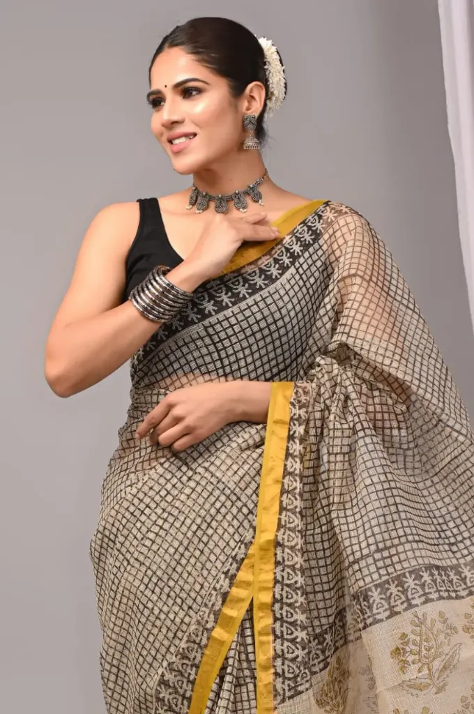 hand block and ajrak printed Kota doriya  Royal blue saree