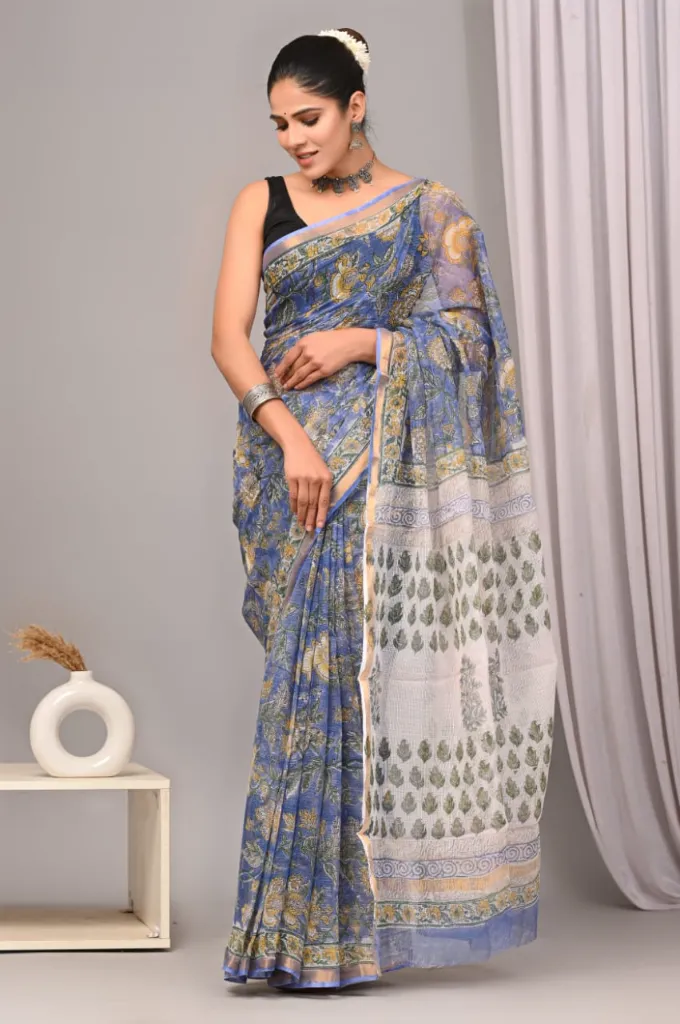 hand block and ajrak printed Kota doriya  blue floral saree