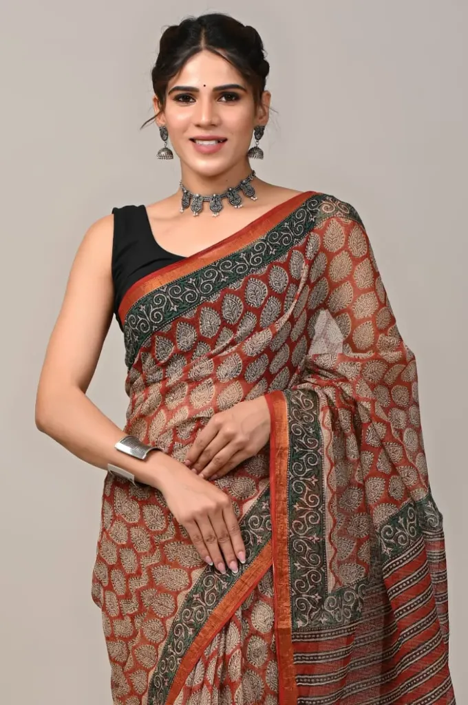 hand block and ajrak printed Kota doriya  Red black saree