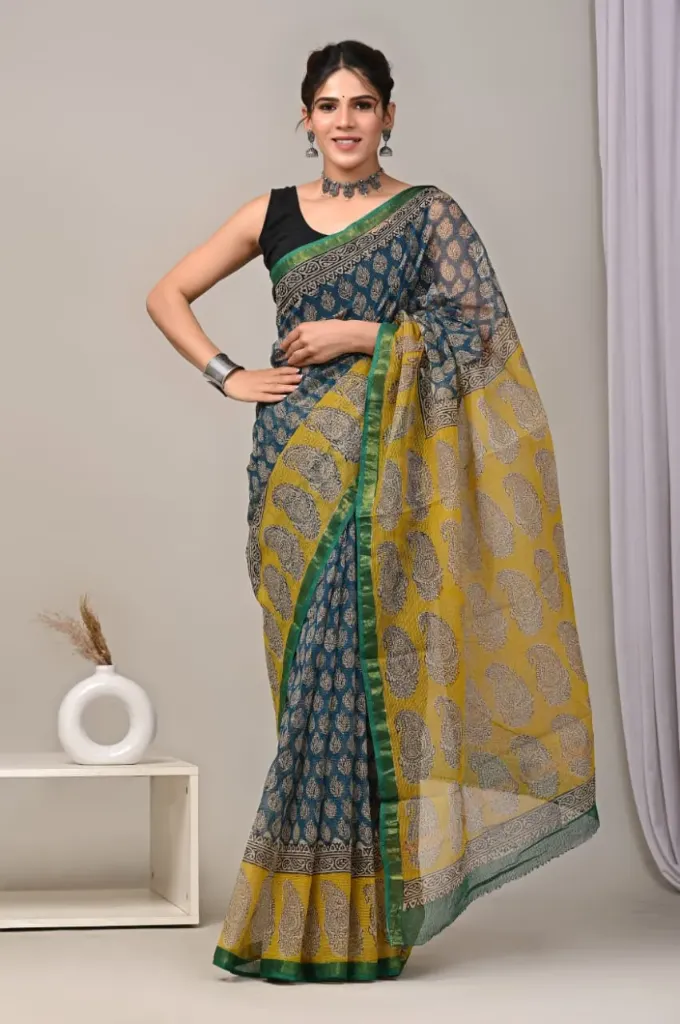 hand block and ajrak printed Kota doriya   green yellow border saree