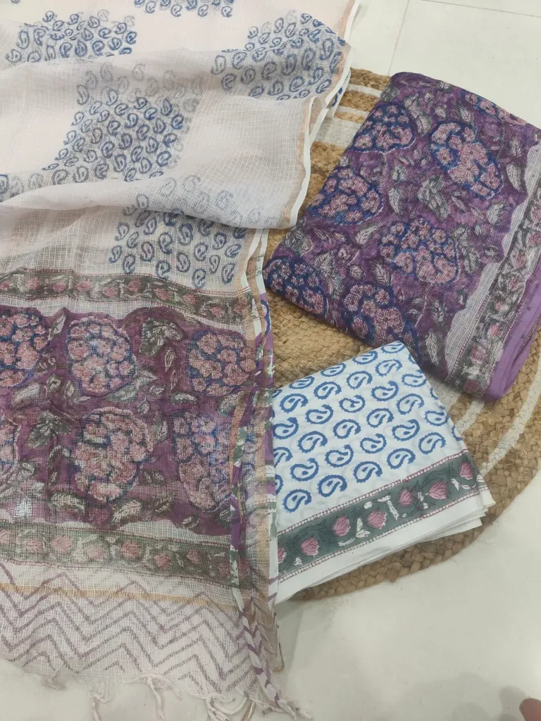 Hand block  printed kota doriya dress  white light purple colour material(suit)