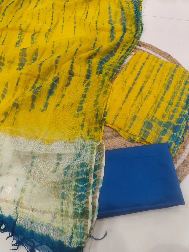 Hand block  printed kota doriya  shibori print yellow colour dress  material(suit)