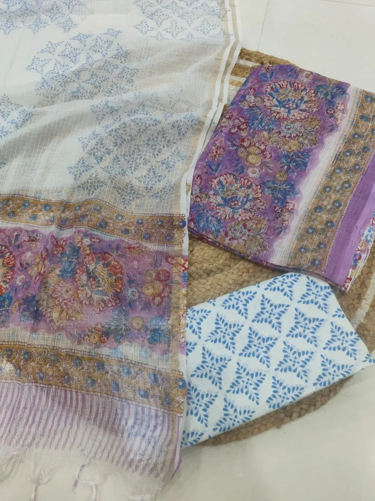 Hand block  printed kota doriya   yellow colour dress  material(suit)