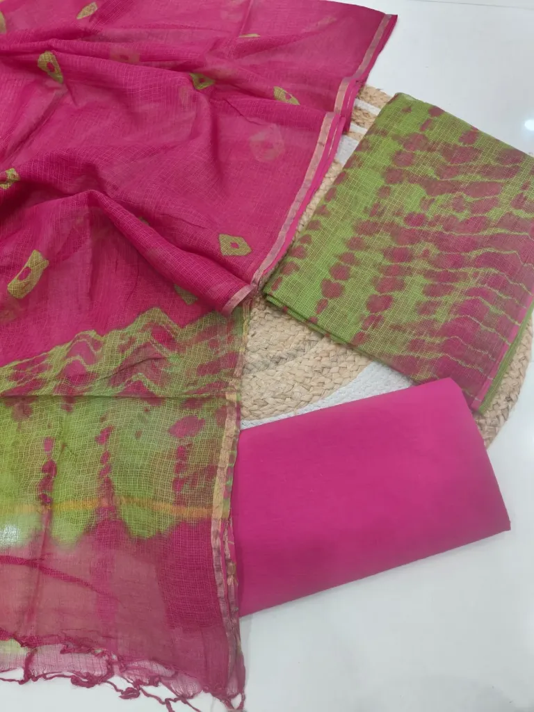 Hand block  printed kota doriya   shibori pink green  colour dress  material(suit)