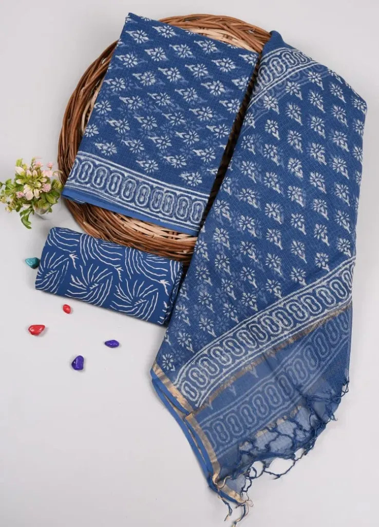 Hand block  printed kota doriya   royal blue colour dress  material(suit)