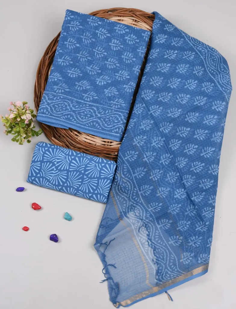 Hand block  printed kota doriya tealish blue colour dress  material(suit)