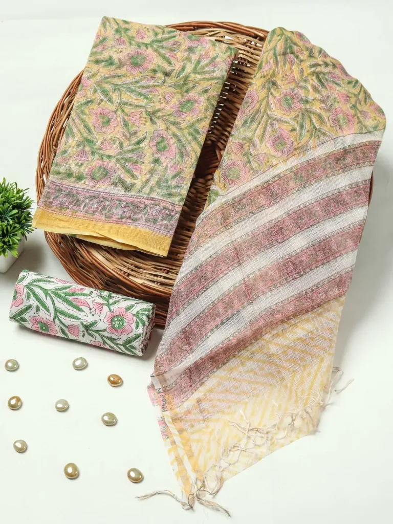 Hand block  printed kota doriya tealish pastle yellow colour dress  material(suit)