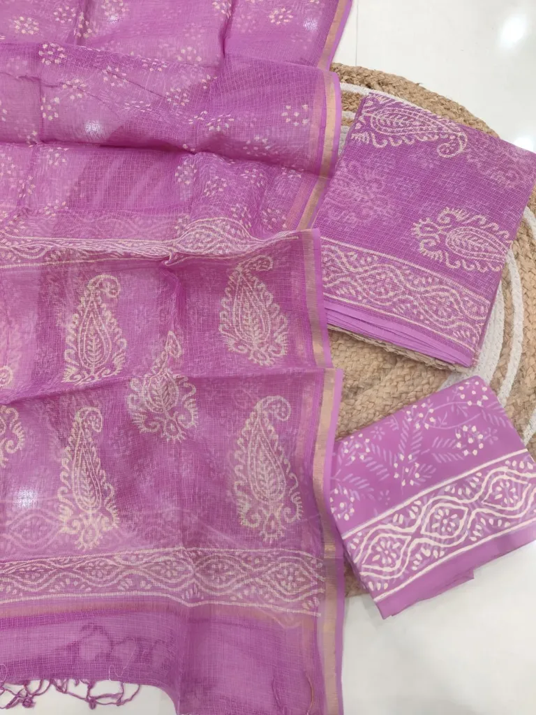 Hand block  printed kota doriya lavender or soft gulabi pink colour dress  material(suit)