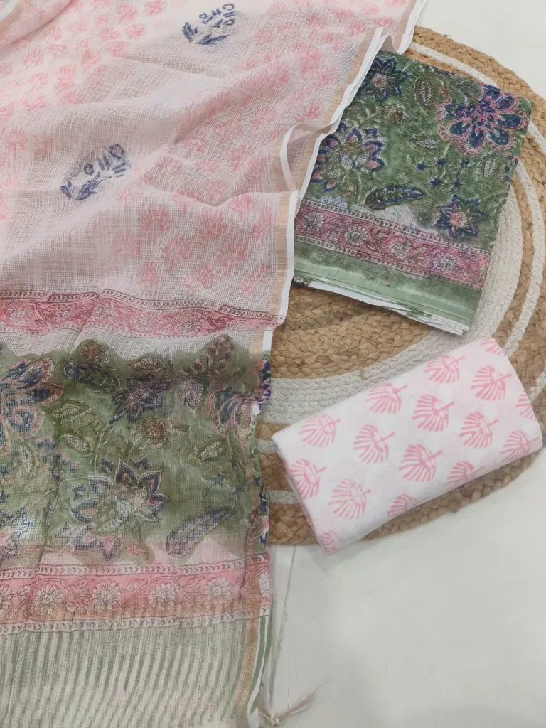 Hand block  printed kota doriya teal green ,white ,pink colour dress  material(suit)