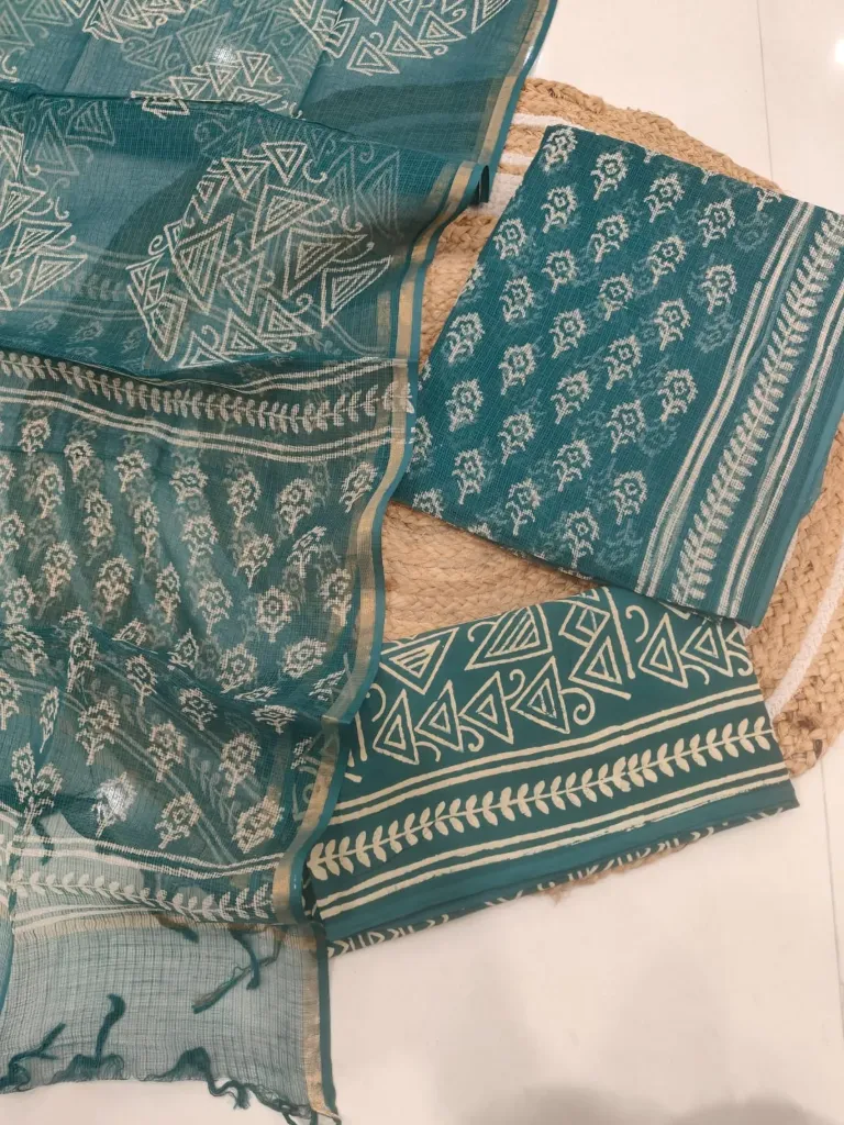 Hand block  printed kota doriya teal blue or aqua colour dress  material(suit)