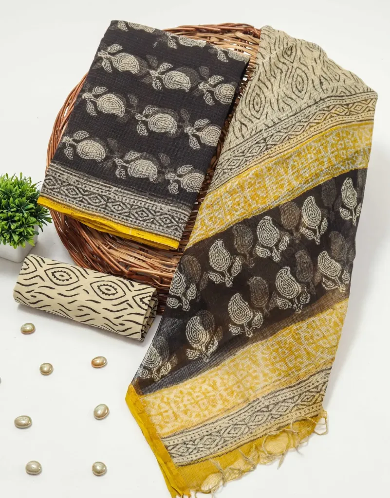Hand block  printed kota doriya black yellow colour combination dress  material(suit)