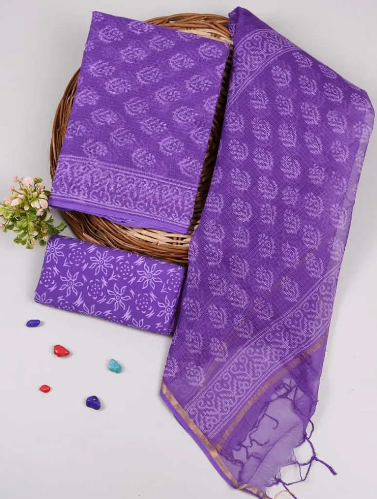 Hand block  printed kota doriya purple colour  dress  material(suit)