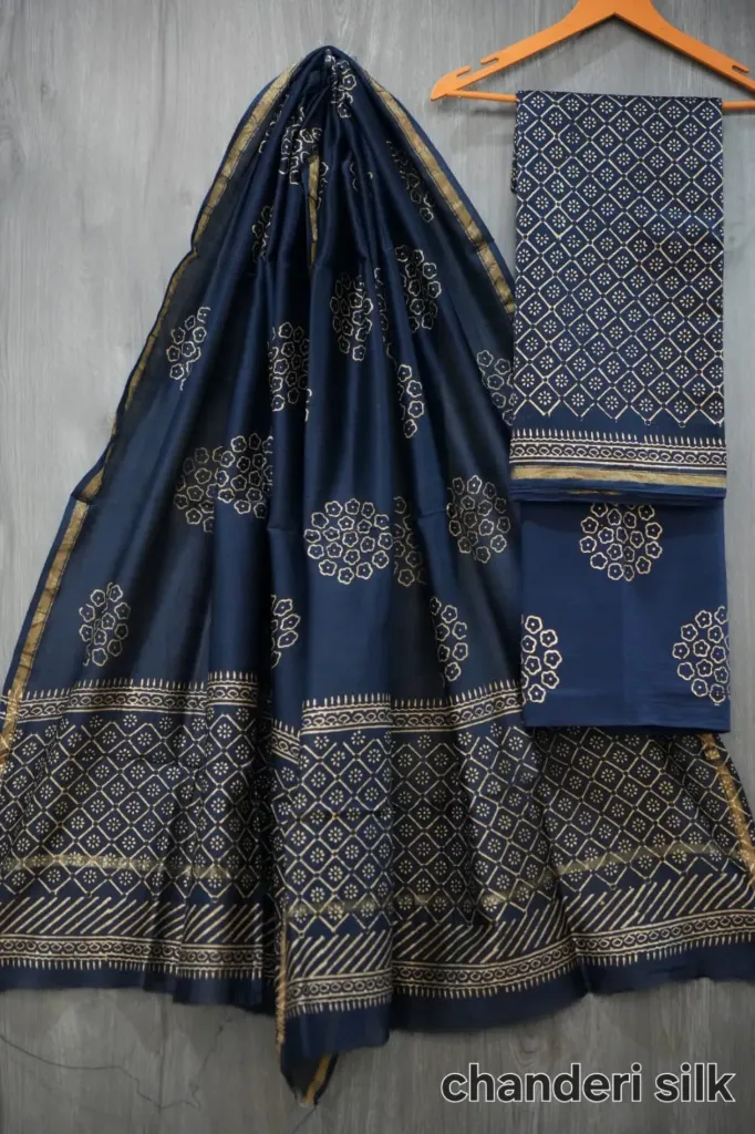 Hand block  printed Chandari silk  royal blue colour dress  material(suit)