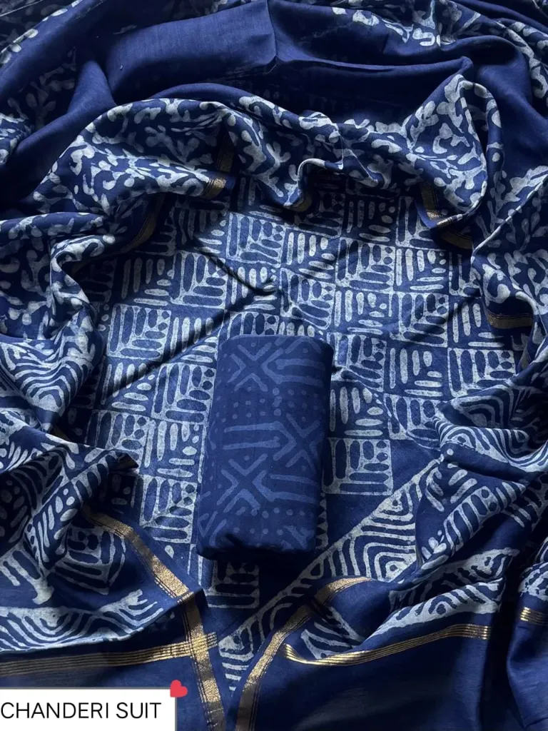 Hand block  printed Chandari silk  royal blue colour dress  material(suit)