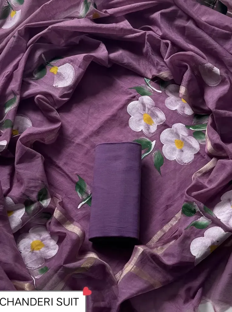 Hand brush printed Chandari silk  mazanta colour dress  material(suit)