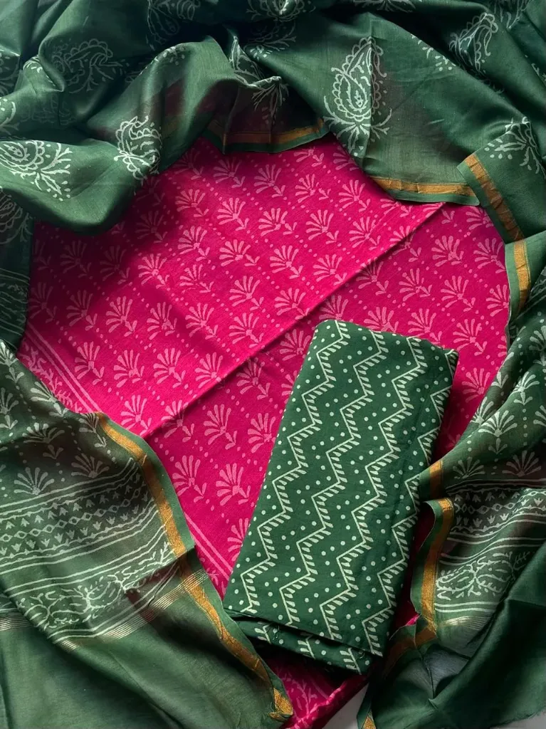 Hand brush printed Chandari silk  pink and green colour combinations dress  material(suit)