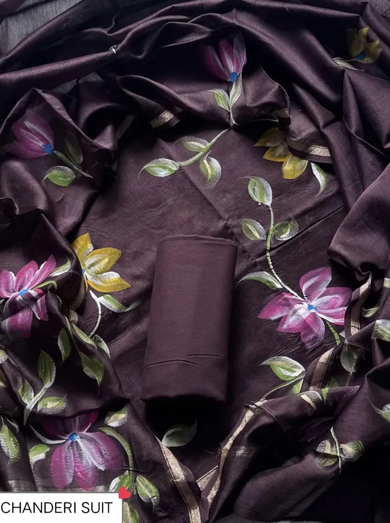 Hand brush printed Chandari silk  dark brown or plum colour combinations dress  material(suit)