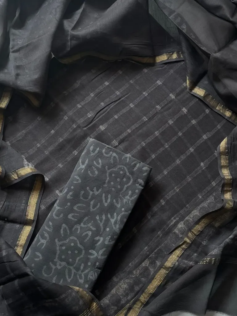 Hand block printed Chandari silk  dark grey  colour combinations dress  material(suit)