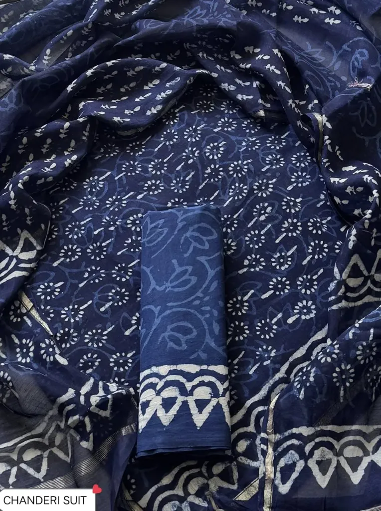 Hand block printed Chandari silk  royal blue colour  dress  material(suit)