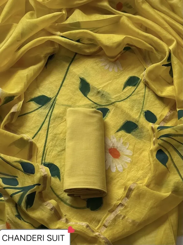 Hand brush printed Chandari silk   pastle yellow colour  dress  material(suit)