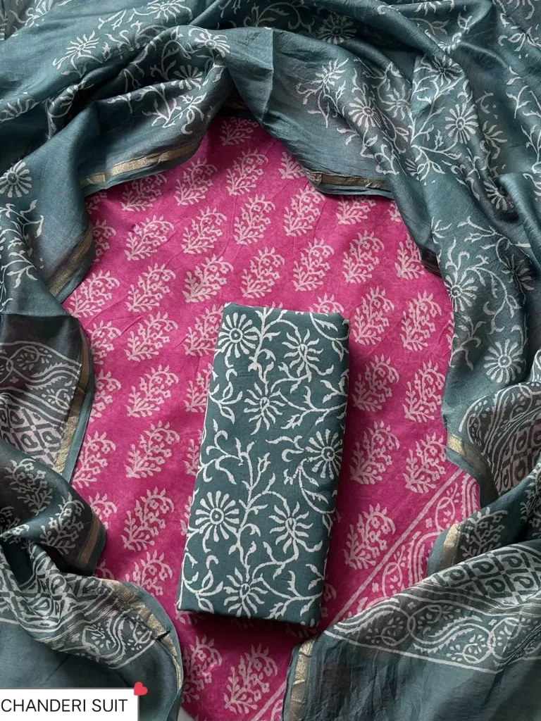 Hand batique print Chandari silk   dark pink with green combination colour  dress  material