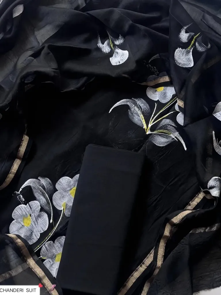 Hand printed print Chandari silk   black colour  dress  material