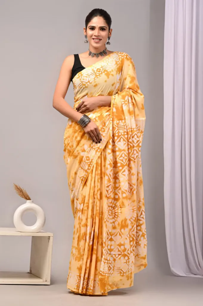 Hand batique and marble mix print cotton mulmul yellow saree